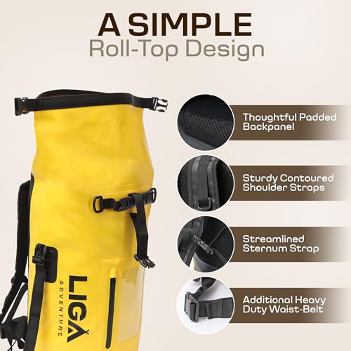 LIGA Waterproof Duffel Bag – 30L – Heavy Duty Roll-Top Closure – Fully Waterproof – Cushioned Comfort – Dry Bag for Hiking, Kayak, Travel, Biking, Camping, Fishing (Yellow) - color: Yellow