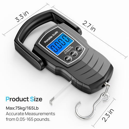 75Kg/165Lb Digital Luggage Scale for Travel, Fishing Weight Scale Unit with 1.5M Measuring Tape, Suitcase Weight Unit Can Switch Kg/Lb/Jin/Oz 4 Units, with Hook, Battery Included - color: black