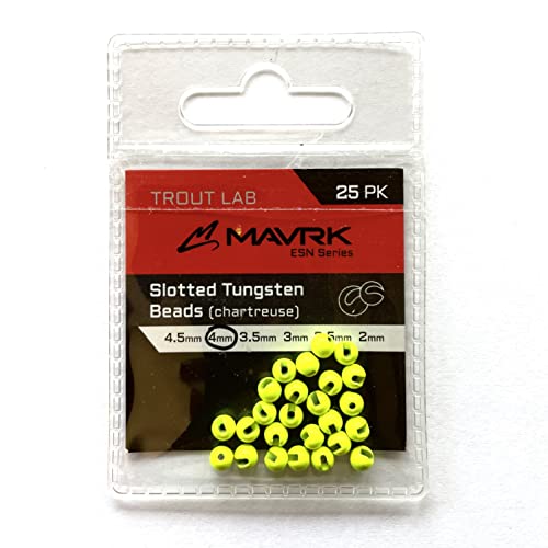 Mavrk Fly Fishing Slotted Tungsten Beads 25pc Refill Pack Euro Nymph Style Flies 5 Essential Colors Gold Silver Copper Black Chartreuse 4 Essential Sizes 4mm 3.5mm 3mm 2.5mm - color: Chartreuse, size: 4mm