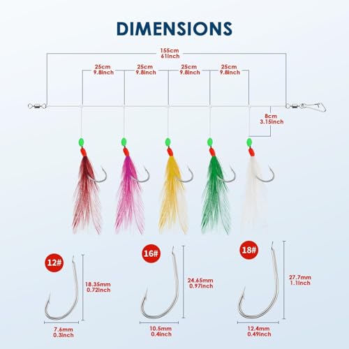 10 pcs Mackerel Feathers Rigs Saltwater, Pre-Tied Sea Fishing Bait Rigs with Luminous Colorful Feathers/Luminous Beads Bionic Flying Insects, Lure Rigs for Mackerel, Pollock, Cod, Bass - size: Hook Size 12, style: Style 2