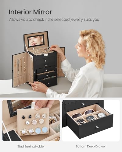 SONGMICS 6-Layer Jewelry Box Organizer with 5 Drawers, Jewelry Storage Case with Lock and Mirror, Large Storage Capacity, Gift for Loved Ones, for Necklaces, Watches, Black UJBC152B01 - color: Black, size: 6 Tier