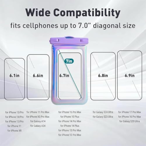 Floatable Waterproof Phone Pouch Case for iPhone 17 16 Pro Max/15/14/13/12, IP68 Travel Cellphone Dry Bag Beach Cruise Ship Essentials Bags with Crossbody Lanyard, Iridescent Purple - 7″ - color: A1-Iridescent Purple