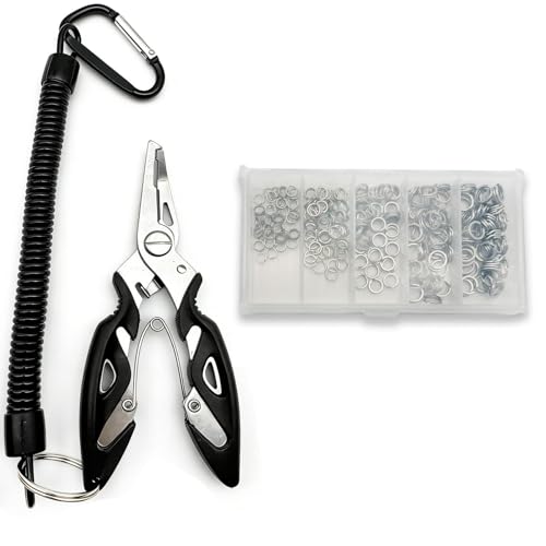 Pack of 201pcs Fishing Stainless Steel Split Rings 5 Sizes and Plier Set, Split Ring Capable of withstanding Large tensile Force and Fishing Plier Tool Kit for Saltwater Fishing Lure Connectors… - color: 250pcs Rings&Black plier