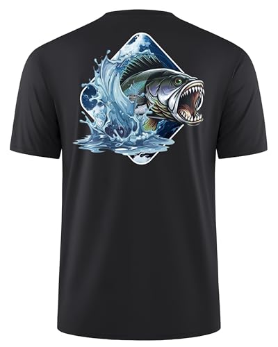 Pudolla Men's Fishing Swim Graphic Shirts Short Sleeve Sun Protection UV UPF 50+ SPF Tee Quick Dry Lightweight Water Tops - color: Black_background_fish, size: Medium