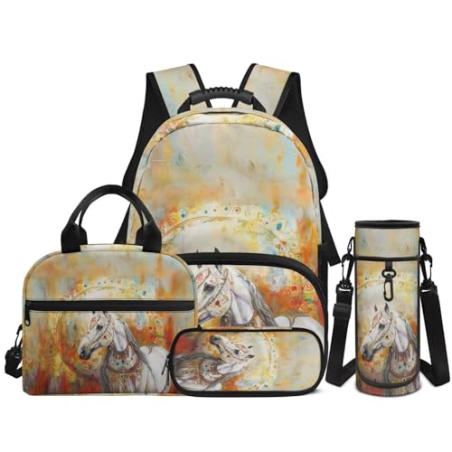 Horse Backpack for Kids Boys Preschool Elementary Backpacks with Reusable Lunch Bag Pencil Case Pouch Water Bottle Carrier Bag 4 PCS Set - color: Horse