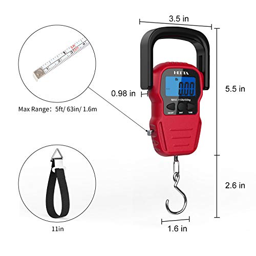 HEETA Fish Scale with Backlit LCD Display, Up to 110lb/50kg Digital Portable Hanging Fish Weight Scale with Hook & Measuring Tape for Home, Farm, Outdoor, Hunting, Fishing, 2 AAA Batteries Included - color: Red