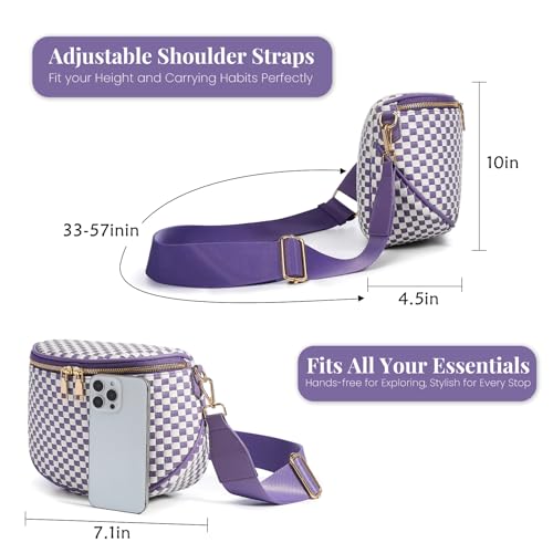Woven Vegan leather Crossbody Bags For Women, Checkered Fashion PU Bum Bag Waist Pack, Travel Sling Purse with Adjustable Strap（Cloudy Purple) - color: White and Cloudy Purple