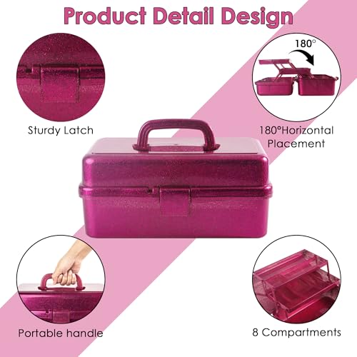 Glitter Purple 3 Layer Craft Storage Box, Purple Tackle Box Organizer for craft tool, Cosmetic Organizer for girls - color: Pink