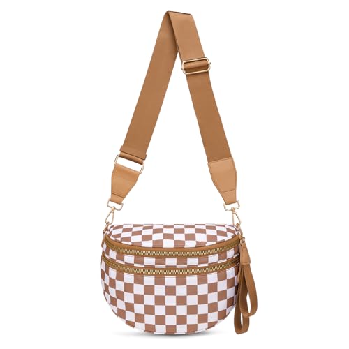 Pure Colour Crossbody Bum Bags for Women Spacious Checkered Cross body Bag Nylon Trendy Fanny Pack for Travel - color: Brown Checkered