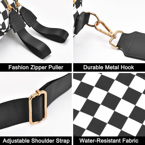 Checkered Nylon Crossbody Bag Bum Bag for Women Mom Large Checkered Fanny Packs with Adjustable Strap - color: Black Checkered