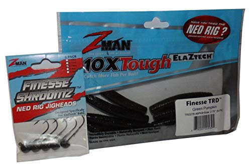 Ned Rig Kit - Z-Man Finesse T.R.D. 8pk + Finesse Shroomz Jig Heads 5pk (Green Pumpkin) + How to Fish The Ned Rig Guide