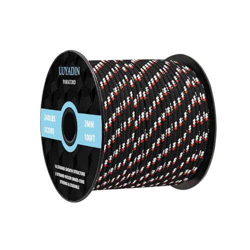 Paracord 240lb - Diameter 2mm Micro Utility Cord -3 Strand Parachute Spool Cord - 100ft 200ft,Paracord for Camping,Hiking,Fishing,Outdoor and DIY - color: Black White Red Camo, size: 100 ft
