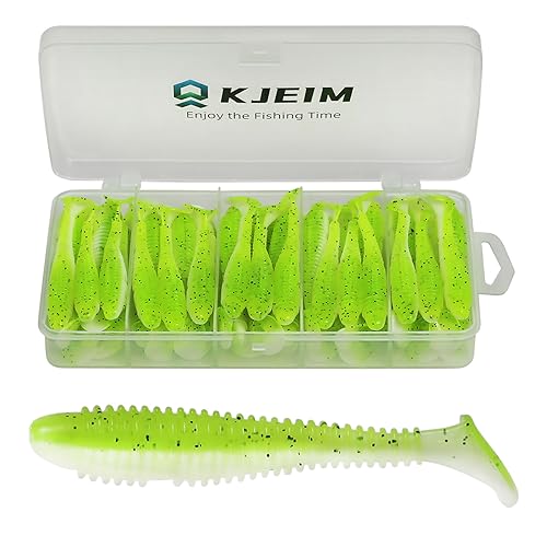 Paddle Tail Swimbaits, 50 PCS Ribbed 3 Inchs Soft Plastic Fishing Lures for Bass Trout Crappie Walleye Saltwater/Freshwater Fishing - color: Light Green