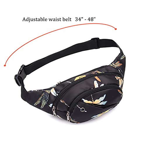 Crossbody Fanny Pack for Men&Women,Large Waist Bag & Hip Bum Bag with Adjustable Strap for Outdoors Workout Traveling Casual Running Hiking Cycling - color: Black Dragonfly