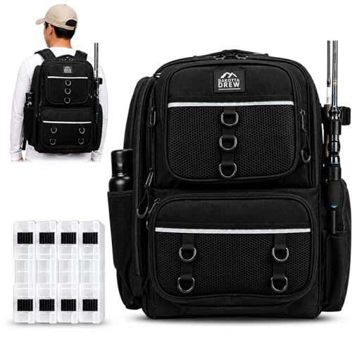 Fishing Backpack with Rod Holders and 4 Tackle Boxes, Waterproof Large Tackle Bag with 6 Pockets, Adjustable Dividers, Reinforced Base, Back Pack with Storage Boxes for Fishing Gear