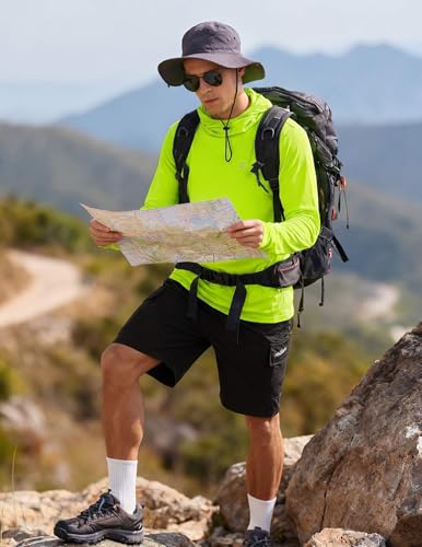 PINSPARK UPF 50+ Sun Protection Hoodie Men with Mask Quick Dry Long Sleeve Fishing Hiking Shirts UV Rash Guard Lightweight - color: Lemon Green, size: Small