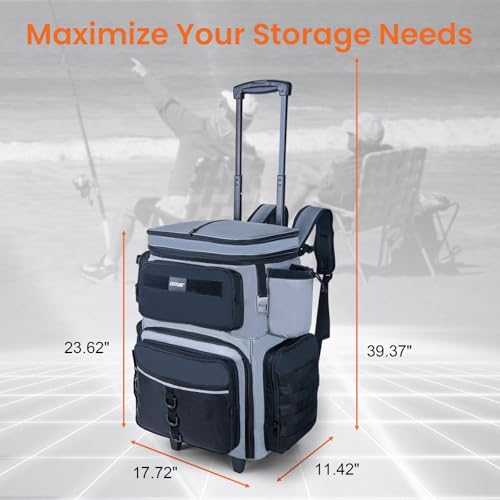 Goture 66L Rolling Tackle Box with Cooler, Gray Large Fishing Bag with Wheels for 5 3700 Trays(Trays Not Included), Saltwater Resistant Tackle Backpack with Rod Holders - color: Gray, size: No Trays
