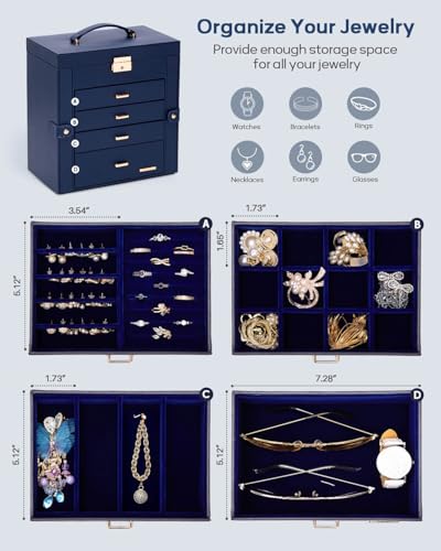Homde Synthetic Leather Huge Jewelry Box Mirrored Watch Organizer Necklace Ring Earring Storage Lockable Gift Case (Dark Blue + Gold) - color: Dark Blue + Gold