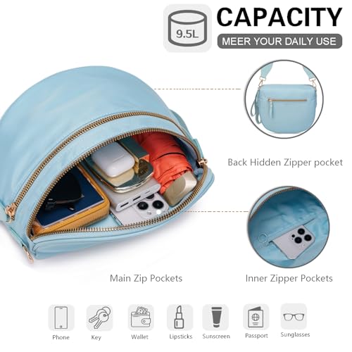 Pure Colour Crossbody Bum Bags for Women Spacious Checkered Cross body Bag Nylon Trendy Fanny Pack for Travel - color: Light Blue