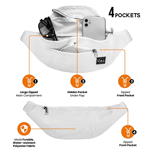 Vibe Festival Gear Rave Fanny Pack for Women Men – Festival, 4 Pockets, Adjustable Strap, Cute Waist Bag, Crossbody Belt Bag, Hiking, Running, Cycling - color: White, size: Fits Most
