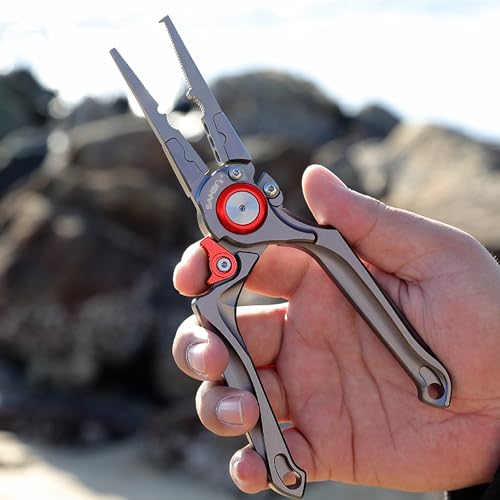 SAMSFX Fishing Pliers, Muti-Function Fly Fishing Tools, 8" Saltwater Resistant Gear Hook Remover Split Ring Tungsten Cutters, with Lanyard & Sheath - color: Red Fishing Pliers with Quick Knot Tool