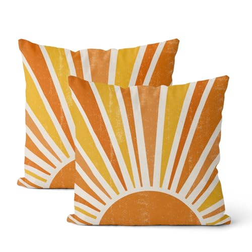 Summer Pillow Covers 16 x 16 Inch Set of 2 Stripes Yellow Burnt Orange Sun Throw Pillows Outdoor Decorative Boho Sunshine Pillowcase Linen Cushion Cases for Bed Sofa Couch - color: Boho Sun-1, size: 16" x 16" (Pack of 2)