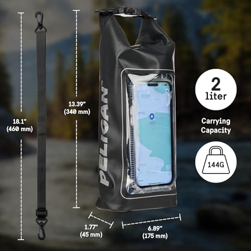 Pelican Marine IP68 Waterproof Dry Bag 2L with Phone Pouch/Case - Black | Roll Top Waterproof Backpack with Touchscreen Phone Pouch - Swimming, Kayaking, Camping, Rafting, Fishing & Travel Essentials - color: Stealth Black - 2L, size: 2L