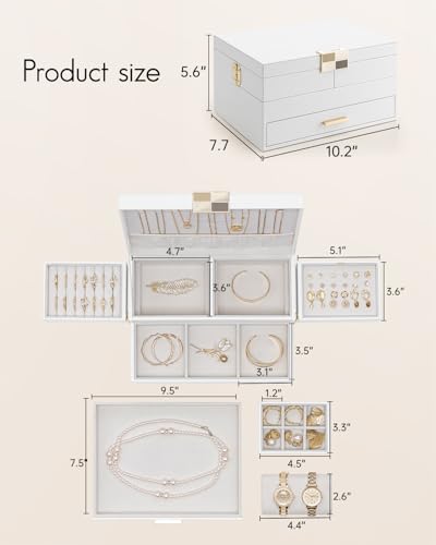 VLANDO 3 Layer Jewelry Box - Women Jewelry Box with Retractable Tray - Jewelry Organizers with Drawer for Necklaces, Rings, Bracelets, Earrings, Gift for Couples Mom Girls - White - color: D.White, size: 3-Layer