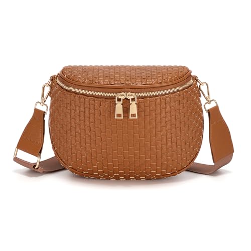 Woven Vegan leather Crossbody Bags For Women, Checkered Fashion PU Bum Bag Waist Pack, Travel Sling Purse with Adjustable Strap（Brown) - color: Brown