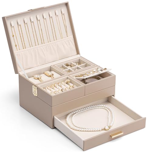 VLANDO 3 Layer Jewelry Box - Women Jewelry Box with Retractable Tray - Jewelry Organizers with Drawer for Necklaces, Rings, Bracelets, Earrings, Gift for Couples Mom Girls - Toffee - color: E.Toffee, size: 3-Layer