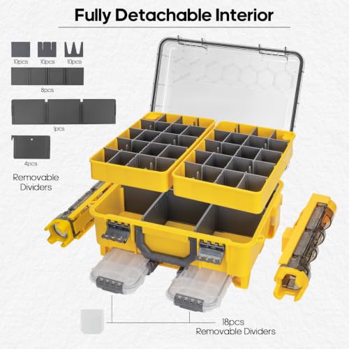 THKFISH Waterproof Double Side Tackle Box, Portable Storage Box with 2 Pack 3500 Stowaway Boxes & Rod Holders, Fishing Lure Organizer YellowPink/Green/Blue/Grey (L-Yellow) - color: L-Yellow