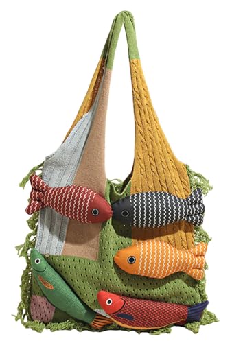 Knitted Beach Shoulder Bag for Women 3D Fish Bohemian Tote Versatile Purse Soft Hobo Handbag for Summer Vacation 2026 - color: A Green