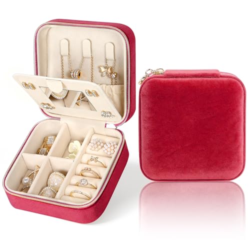 MFXIP Plush Velvet Travel Jewelry Case Small Jewelry Box Jewelry Organizer Storage Case Portable Jewelry Travel Case for Girls Womens Earring, Necklace, Rings,Bracelets with Mirror - color: Burgundy