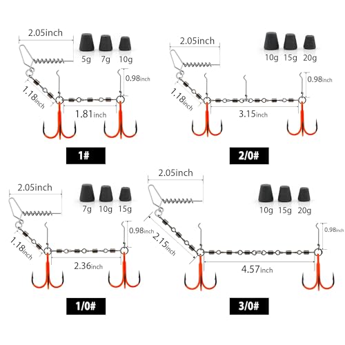 9KM DWLIFE Stinger Hooks Stinger Rig Treble Hooks with Sinker Weight Soft Bait Swimbait Predator Fishing Rig with Straight/Angled Threaded Needle for Pike, Walleye, Musky, Ice Fishing & Dead Bait - size: 1/0#, style: Angled Threaded Needle