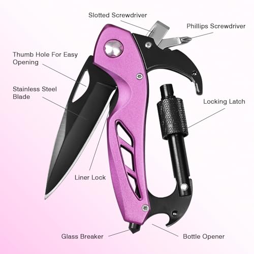 FUNBRO Pink Multitool Carabiner, Stocking Stuffers Gifts for Mom Women Wife, 6-in-1 Keychain Multi Tools with Window Breaker, Bottle Opener and Screwdriver, EDC Gear Gadget for Camping Hiking - color: Pink