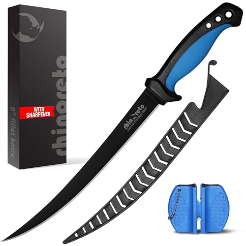 Rhinoreto Fillet Knife for Fish - Razor Sharp G4116 German Stainless Steel Blade, 9 Inch Professional Filleting & Boning Knife with Non-Slip Handle, Protective Sheath & Sharpener - color: Blue, size: 9"