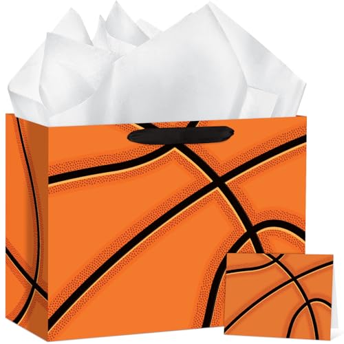 Hooqict Large Basketball Gift Bag Basketball Birthday Gift Wrap Bag with Handles, Tissue Paper, Greeting Cards for Kids Boys Men Sports Themed Goodie Treat Party Favors - color: Basketball
