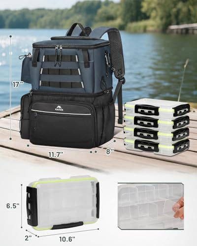 MATEIN Fishing Backpack with 4 Tackle Boxes, Fishing Bag with Rod Holder & Safety Compass & Cooler, Gifts for Fishermen - color: Grey Black