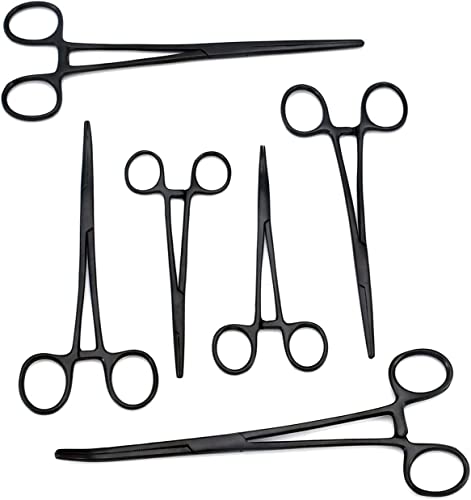 Black Color Ultimate Hemostat Forceps Set of 6-Straight & Curved Hemostat Forceps Locking Clamps Stainless Steel Full Serrated Jaws-Ideal for Nurses, Fishing Set