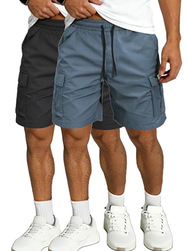 Hidkat Men's Lightweight Cargo Shorts with Drawstring-Breathable,Comfy Casual Outdoor Shorts for Hiking Gym Workout - color: 2 Pcs Black+blue, size: Small
