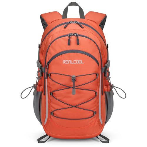 RealCool 30L Lightweight Hiking Backpack, Waterproof Daypack for Camping | 210D tear-resistant nylon, breathable shoulder and back panel, Multi-Compartment,hydration system,reflective strip,bungee net - color: Orange, size: 30L