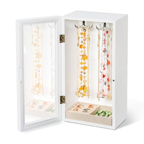 SINGLBA Necklace Holder Organizer, Wooden Jewelry Box for Women Girls, Rotatable Jewelry Organizer Case with Ring Tray Display & Storage for Necklaces Bracelets Rings Earrings, Gifts for Women Her - color: White