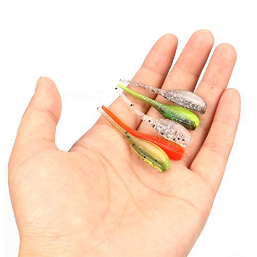 RUNCL Anchor Box - Paddle Tail Swimbaits, Soft Jerk Baits, 20/40/50/60pcs Soft Fishing Lures, Curved Tail Grubs - 3D Lifelike Eyes, Split/Boot/Curved/Straight/Thin Tail - 1/2/3/4/5in, Proven Colors - color: S - Thin Tail (2in, 50pcs)