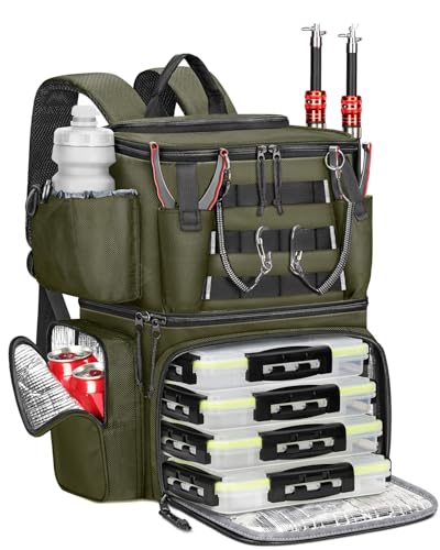 MATEIN Fishing Backpack with 4 Tackle Boxes, Fishing Bag with Rod Holder & Safety Compass & Cooler, Gifts for Fishermen - color: Olive Green