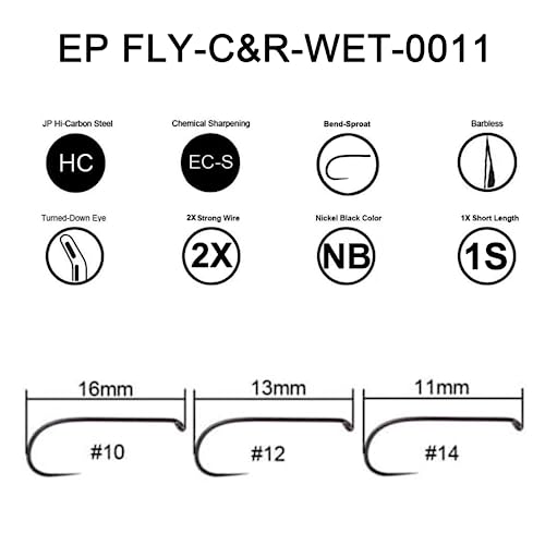 Eupheng Fly Fishing Hooks 100pc Pack Barbless Catch & Release Dry Wet Nymph Shrimp&Pupa, Streamer, Caddis, Jig, Scud Flies Fishing Hooks - color: EP Fly-C&R-WET-0011, size: #16