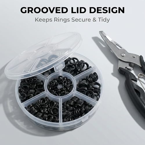 350pcs Flattened Split Rings Kit: 7-Sizes High Strength Steel Fishing Split Rings with Plier Set for Saltwater Lure Hook Connector - color: Black