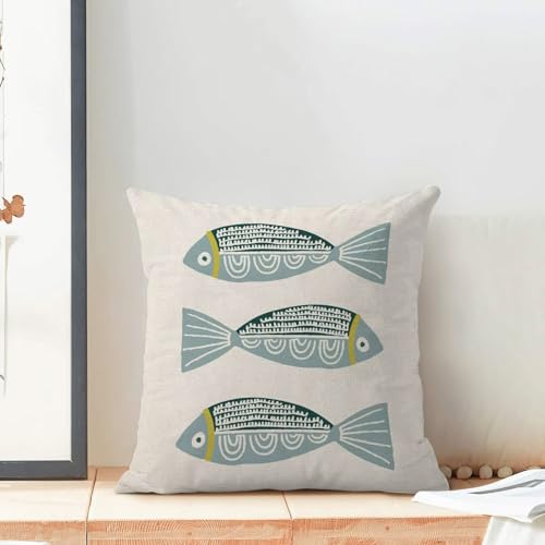 Coastal Ocean Pillow Covers 18x18 Set of 2, Beach Blue Fish Outdoor Decorative Throw Pillows Farmhouse Linen Summer Cushion Case for Home Couch Sofa Decor - color: Fish2, size: 18" x 18" (Pack of 1)