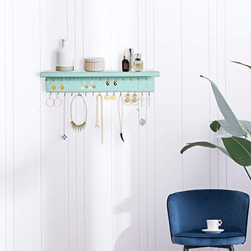 SANY DAYO HOME Jewelry Organizer with 30 Hooks and Cosmetics Shelf, 15 x 3 x 4 inches Wall Mounted Rustic Pine Wood Holder for Necklaces and Bracelets, Suitable for Kids and Adults (Aqua) - color: 30 Hooks Aqua