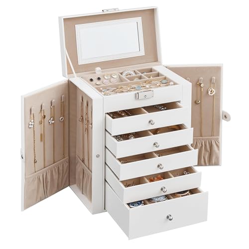 SONGMICS 6-Layer Jewelry Box Organizer with 5 Drawers, Jewelry Storage Case with Lock and Mirror, Large Storage Capacity, Gift for Loved Ones, for Necklaces, Watches, White UJBC152W01 - color: White, size: 6 Tier