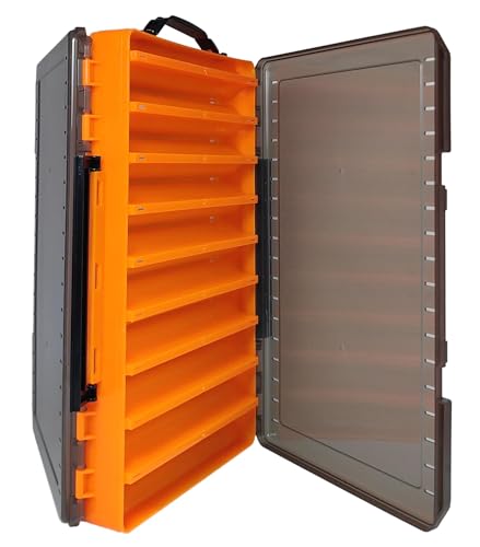 Large Fishing Lure Box Organizer - 18 Compartment Double Sided Fishing Tackle Box for Crankbait Squid Jig Bait Storage - color: Orange